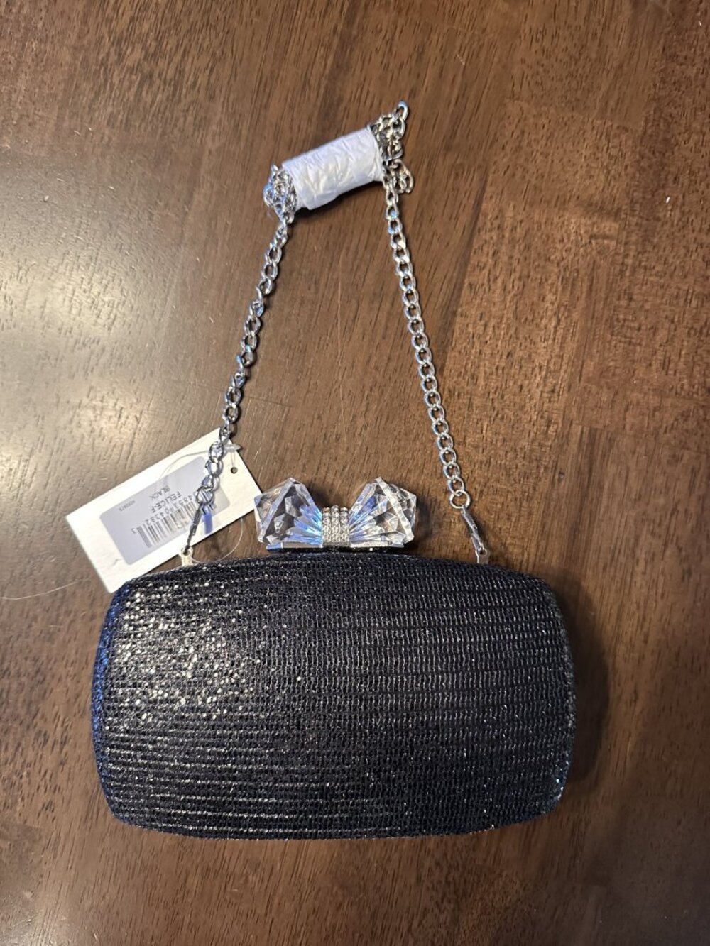 Nina Shoes FELICE BLACK GLITTER MINAUDIERE Purse Clutch CRYSTAL BOW CLASP NEW